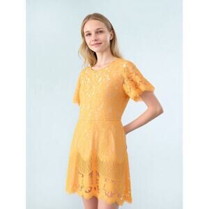 Women Dress MSLG Missy‎ Women Yellow Lace Short Sleeve Dress Size Large